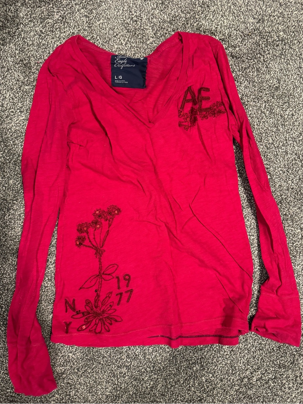 American Eagle Women's Hot Pink Long-Sleeve V-Neck Top with Floral Embroidery